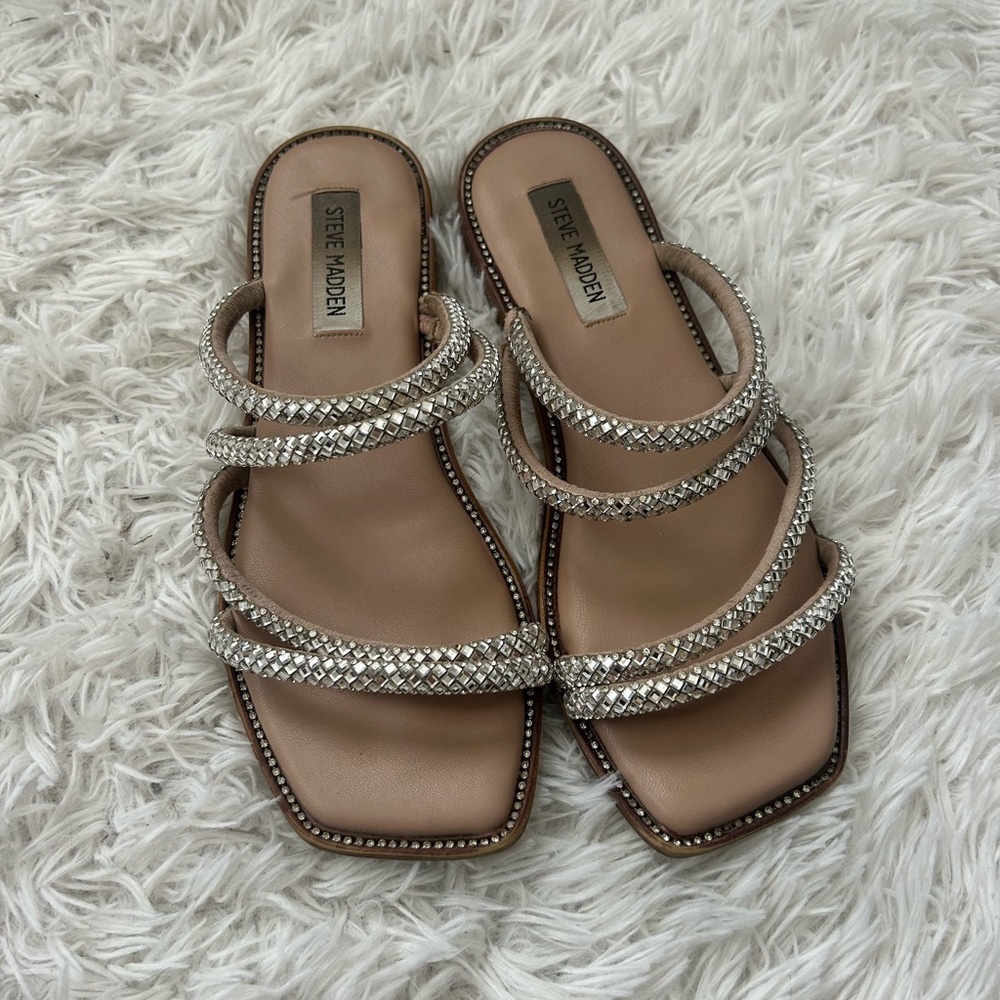 USED Steve Madden Silver Tan Sandals with Rhinestone Straps
